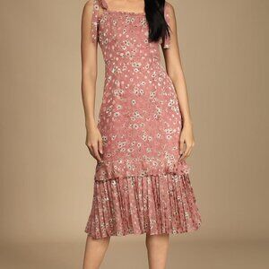 NWT Lulus Terrace Views Mauve Pink Floral Print Tiered Midi Dress (sz SM)